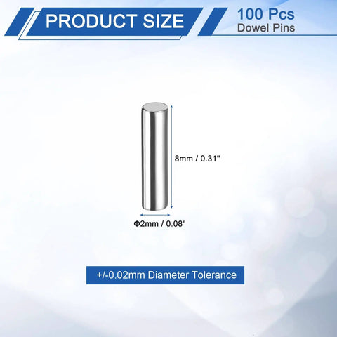 100 Pcs 2mm x 8mm Dowel Pins Set In Bearing Steel Cylindrical Dowel Pins For Shelf Support Pegs And Rod Fasteners With 0.02mm Diameter Tolerance 58 62HRC Hardness Silver Tone Durable Metal Shelf Pins