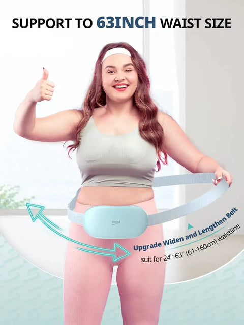 Plus Size Portable Electric Heating Pad for Period Cramps, cordless waist belt heat therapy shown on model, light blue color