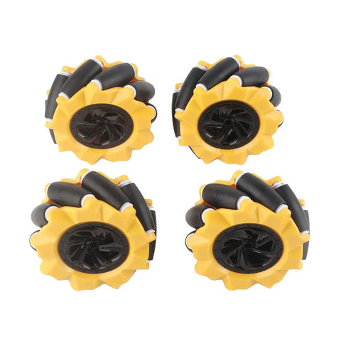 Mecanum Wheel Set For Omni Directional Robot Car, 80mm rubber coated wheels in yellow and black, two pairs shown.