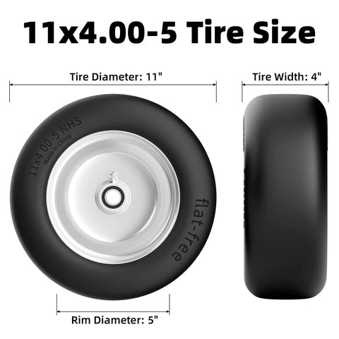 Flat Free 11x4.00-5 Lawn Mower Tire And Wheel Set For Zero Turn Mowers, shown front and side with size details, black.