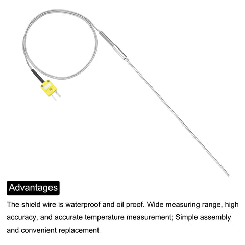K-type thermocouple temperature probe with plug, yellow connector, stainless steel shaft 3.2x300mm, 3.3 ft wire.