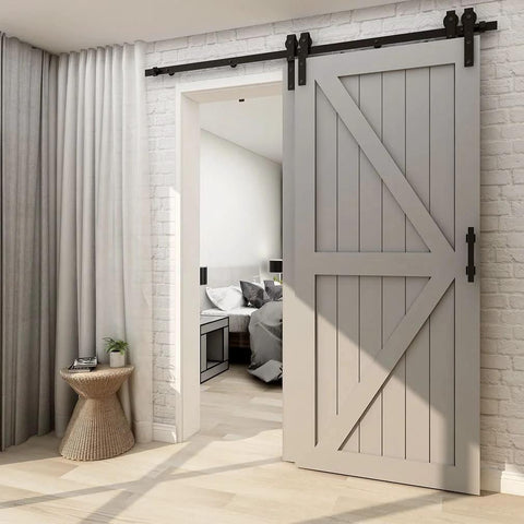 Sliding Barn Door Hardware Kit For Double Wooden Doors, 6FT Single Track System installed in modern home interior