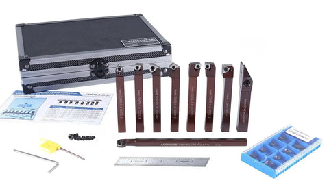 Nine Piece Three Eighths Inch Shank Pro Grade Indexable Carbide Turning Tool And Boring Bar Set With Ten Extra Carbide Inserts For Aluminum Machining Featuring Smooth Black Oxide Tool Holders And Engraved Size Marks.