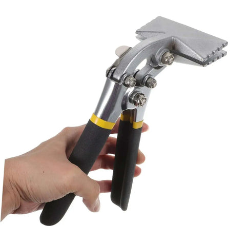 Manual Metal Bender Tool With Straight Jaw, hand seamer ideal for bending, flattening metal in tight spaces, shown in hand for scale