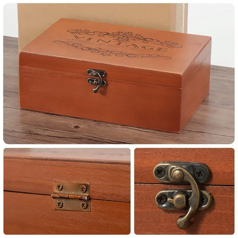 Retro Jewelry Box Hinges And Latches Set With Butterfly Latch Hooks And Antique Hasp Bronze Tone Old School Finish Mini Brass Hinges Screws Included Ideal For Wooden Boxes Cabinets And Vintage Furniture Hardware 36 Pieces, showing bronze latch on vintage wooden box.