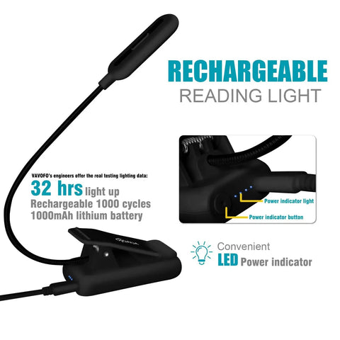Rechargeable Clip Reading Light With 7 LEDs, 9 Color Temperatures And 9 Levels; black clip design with power indicator light
