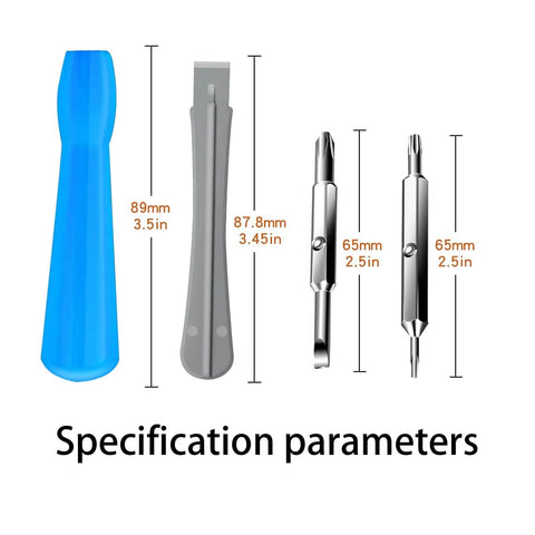 DIY Ready Double Ended T6 T15 Screwdriver Kit With Flat And Cross Bits, Pry Tool, and 16 Security Screws shown in specifications chart.