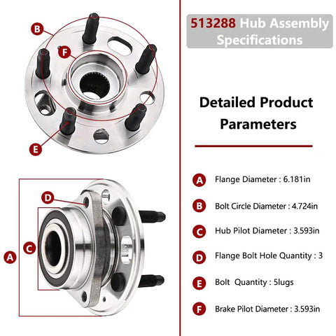 Front Or Rear Wheel Bearing And Hub Assembly For GM Cars And SUVs Fits Malibu Impala Equinox Terrain Lacrosse Regal Saab 9 5 Cadillac XTS CTS 2010 2017 Durable Wheel Hub Replacement with specifications diagram, showing dimensions and features of the 5-lug hub assembly.