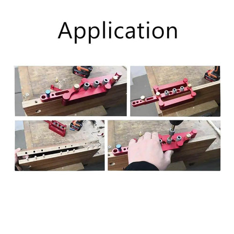 Self Centering Doweling Jig For Woodworking Drill Guide With 1/4 Inch, 5/16 Inch, And 3/8 Inch Positioner Locators in use on wood