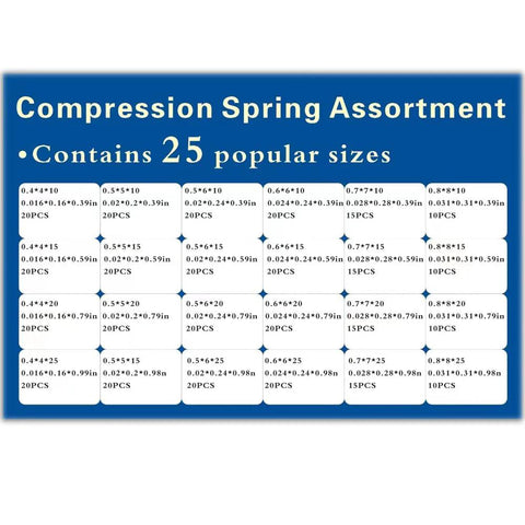 Compression spring assortment kit box with 25 stainless steel springs in assorted sizes for shop and home repairs; Amazon.