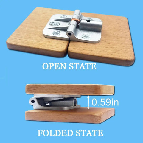 Front view of ANTEISI locking hinge on two wooden leaves; metal hinge with screws for folding table use.