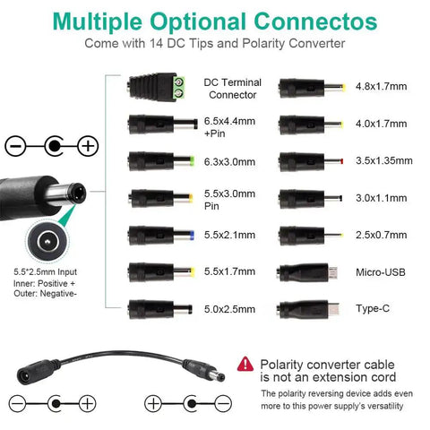 Multiple optional connectors for Adjustable DC Power Supply 3V To 24V 3A 72W with LCD Display, includes 14 DC tips and polarity converter.