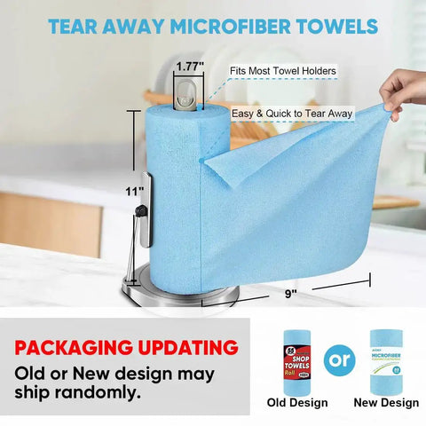 Blue Microfiber Shop Towels Roll With 55 Sheets Washable And Reusable 11x9 Inch Cloths on towel holder, easy tear feature visible