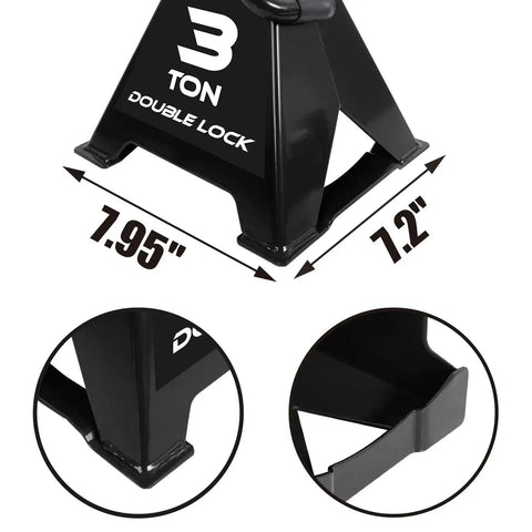 Heavy Duty 3 Ton Steel Jack Stands With Double Locking Pins 2 Pack showing base dimensions and locking pin features