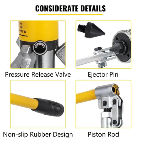 Close-up of Heavy Duty 15 Ton Hydraulic Gear Puller Workhorse components, including pressure release valve, ejector pin, and piston rod.
