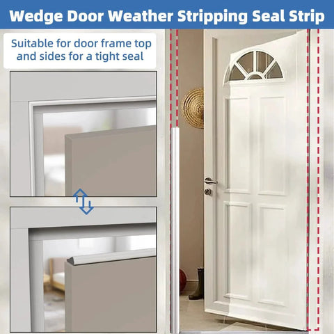 Wedge Shape Window and Door Weather Stripping Seal for Exterior Front Door, 118-Inch Black Foam Gap Filler on white door frame.