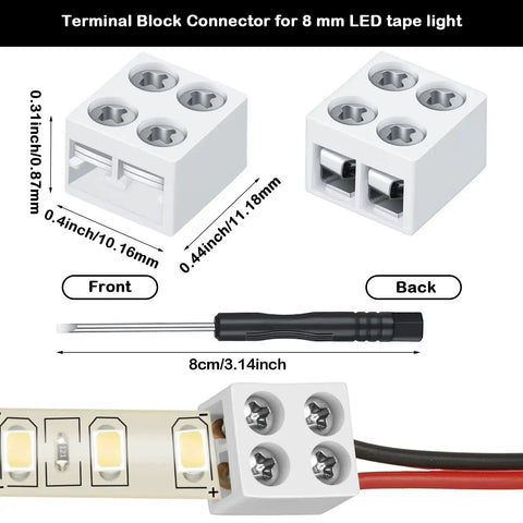 Front and back view of 25 Pack Solderless 2 Pin LED Tape Light Connectors Screw Down Terminal Block with screwdriver and LED strip.