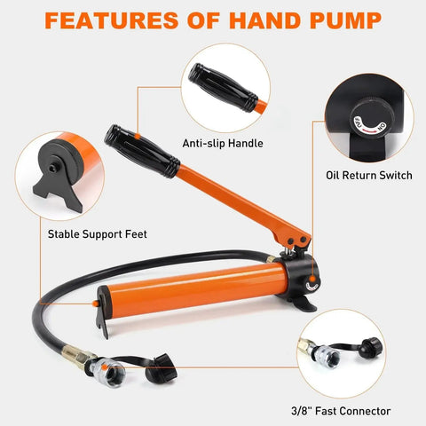 Features of 20 Ton Hydraulic Porta Power Kit With Manual Pump 2 Inch Stroke Orange including anti-slip handle and connectors.