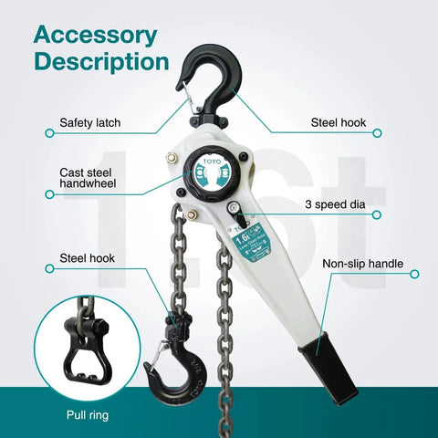 Lever Chain Hoist 3500 Lbs 20 Ft With G80 Alloy Chain And 2 Heavy Duty Hooks featuring steel hooks and safety latch