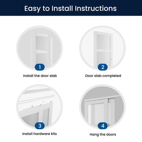 Installation steps for Sliding Closet Door Set For 72x80 Inch Openings, 3 Lite Frosted Glass MDF Barn Door With Hardware Kit.