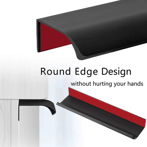 Close-up of 6 Pack Self Adhesive Drawer Pulls Black 5.9 Inch Back Mount Finger Edge Cabinet Handles No Drill Hidden Stick On Kitchen Cupboard Pulls