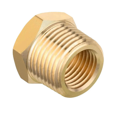 Brass Reducer Hex Bushing One Inch NPT Male To Three Quarter Inch NPT Female Pipe Fitting Adapter, close-up view