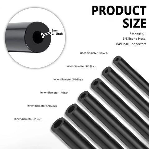 Six Piece Five Foot Silicone Vacuum Hose Kit For Your Ride, Includes Sixty Four Connectors, hose diameters from 1/8 to 3/8 inch
