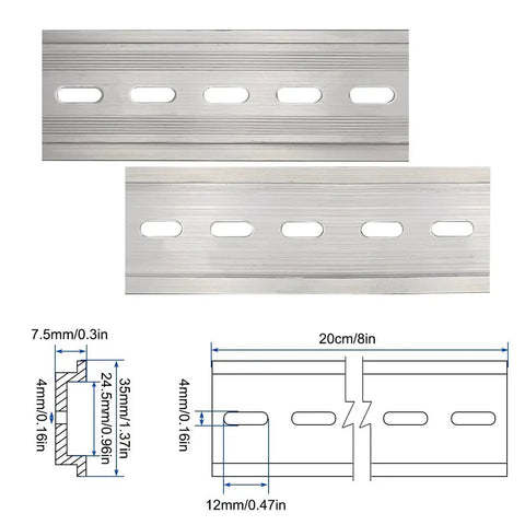 10 Pack 8 Inch Aluminum DIN Rails Top Hat Slotted For Hardware Mounting, 7.5 mm Height By 35 mm Width By 200 mm Length diagram