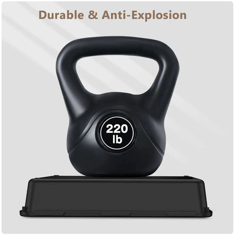 Black 220 lb kettlebell with handle and base, labeled 'Durable & Anti-Explosion' on background