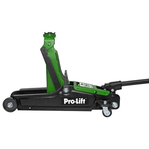 2 Ton Floor Jack Hydraulic Trolley Lift For Home Garage Shop 4000 Lbs Capacity, side view, green and black steel design