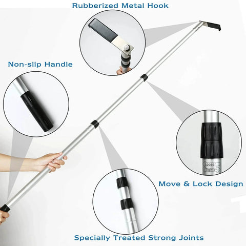Cargo Retriever Hook 6 Ft Telescoping Grabber Reach Tool with rubberized metal hook, non-slip handle, and move-lock joints.