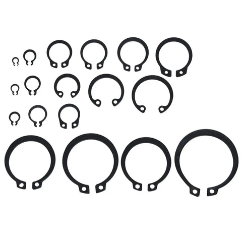 Different sizes of the Gearhead Approved 17 Size External Retaining Ring Snap Ring Kit 2 To 32 Mm E Clip Circlip Set with hardened metal rings.