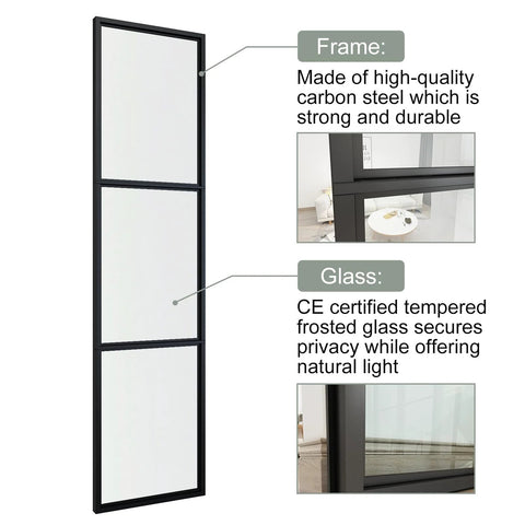 Detailed view of Double Sliding Barn Door Set 42 By 84 Inch With 7 Foot Hardware Kit And Soft Close Mechanism showing carbon steel frame and frosted glass panels.