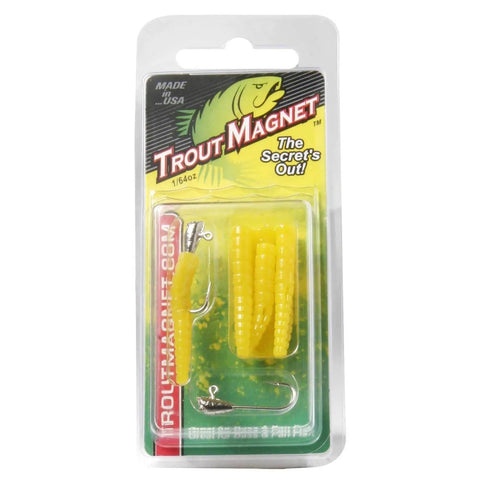 Trout Magnet 9 Piece Yellow Lure Pack With 7 Bodies And 2 Size 8 Hooks For Freshwater Trout And Panfish in packaging