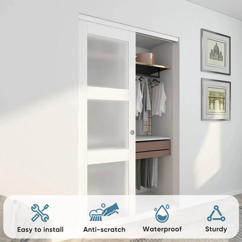 Sliding Bypass Closet Door Set, 48 Inches Wide By 80 Inches Tall, 24.5In Panels With Frosted Glass, installed in bedroom.