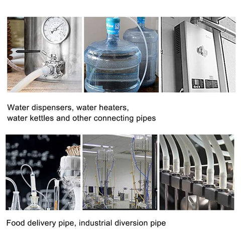 Silicone tubing 1/4 in ID x 3/8 in OD, food-grade, high-temp, 3.28 ft length; shown with water dispensers and piping