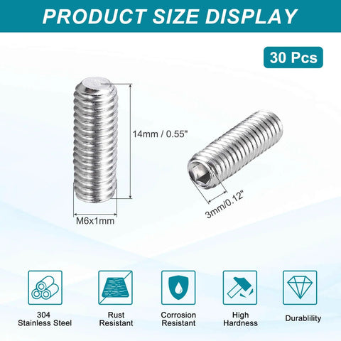 30 Pcs M6 1 X 14mm Grub Screws 304 Stainless Cup Point Allen Head Screws Internal Hex Socket Drive For Bathroom Fixtures Repair Furniture Diy Projects