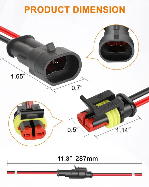 NAOEVO 2-pin waterproof automotive connector set with black housing, red/black wires, and yellow heat shrink tubing; 16 AWG 2-wire.