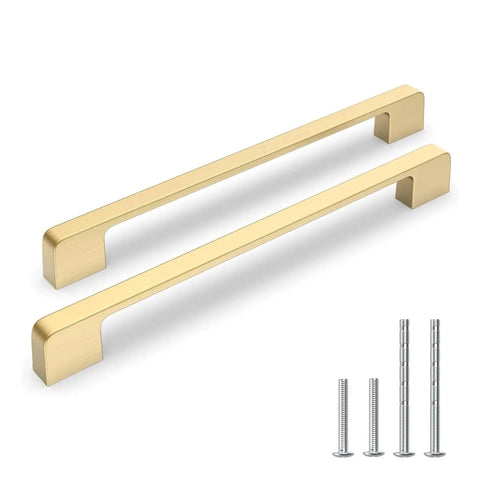 10 Pack 8 Inch Brushed Brass Cabinet Pulls Solid Zinc Alloy Handles For Kitchen Cabinets And Drawers, 8.46 Inch Overall Length, screws shown
