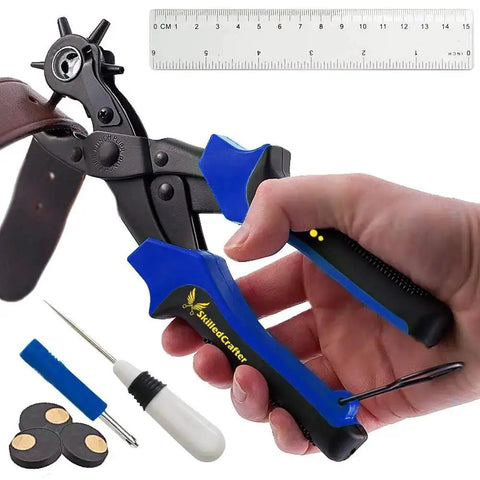 Leather Belt Hole Punch Set With Case Heavy Duty Revolving Punch In Six Hole Sizes Includes Ruler And Awl Tool in use