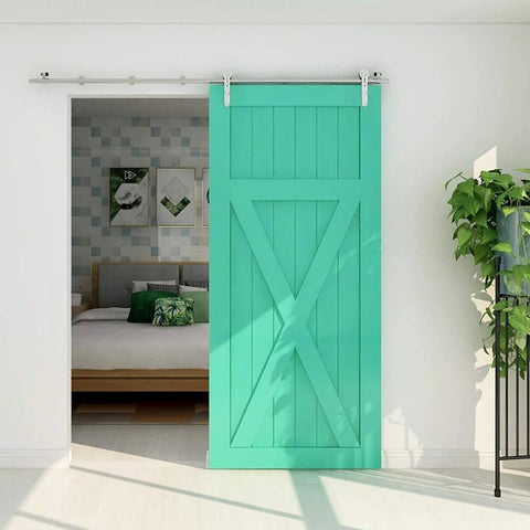 Heavy Duty Sliding Barn Door Hardware Kit Stainless Steel Track System For 24 Inch Wide Wood Door Easy Install With I Shape Hangers 220 LB Capacity Anti Rust Includes Rail Connectors Rollers Stops Floor Guide installed view