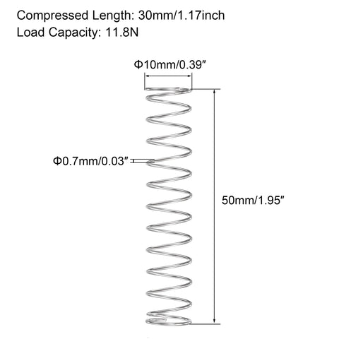 uxcell compression spring, 304 stainless steel, 10mm OD, 0.7mm wire, 9mm compressed, 50mm free, silver, 5pcs