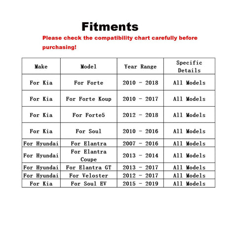 Compatibility chart listing Kia Forte, Forte Koup, Forte5, Soul, Hyundai Elantra, Veloster models and years.