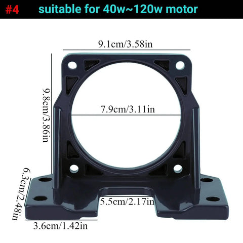 Rugged Black Motor Mount Bracket For 40W To 120W DC Motors And Mini Stepper Motors High Hardness Auxiliary Bracket With Fixed Base Stable Support For Vertical Or Flat Mounts Center Hole For Easy Installation Beefed Up Build For Projects, front view with measurements