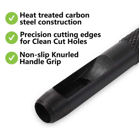 Close-up of 12 Piece Hollow Punch Set 1/8 To 3/4 Inch showing heat-treated carbon steel and knurled handle grip.