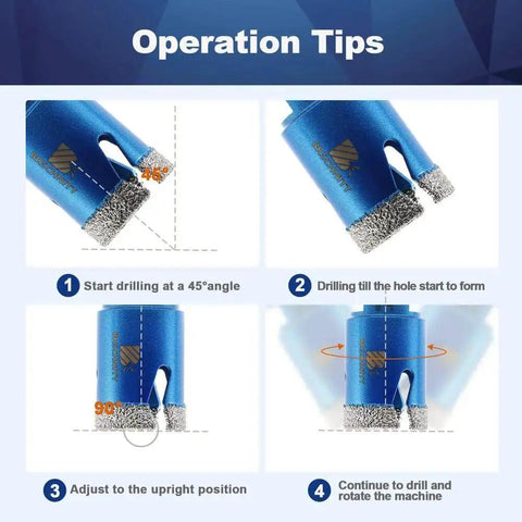 Operation tips for using the Four And A Half Inch Vacuum Brazed Diamond Core Drill Bit For Porcelain Tile Ceramic Marble Granite Dry Drilling With 5 By 8 By 11 Thread And Hole Saw Pro Grade Heavy Duty Tool By BRSCHNITT.