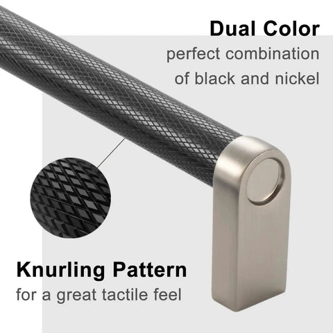 10 Pack 5 Inch Knurled Black And Nickel Cabinet Pulls Matte Black And Brushed Nickel Cabinet Handles detail showing black knurled bar and nickel end