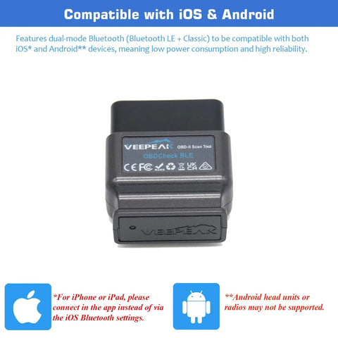 OBD II Bluetooth Scanner for iOS and Android With Wireless Check Engine Light Code Reader and DIY Car Diagnostic Tool for Gearheads by Veepeak, displayed from the front