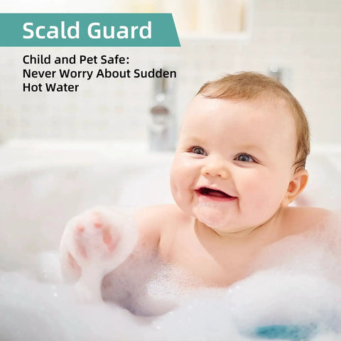 Smiling baby playing in a bubble bath with text about scald guard for safe water temperature.