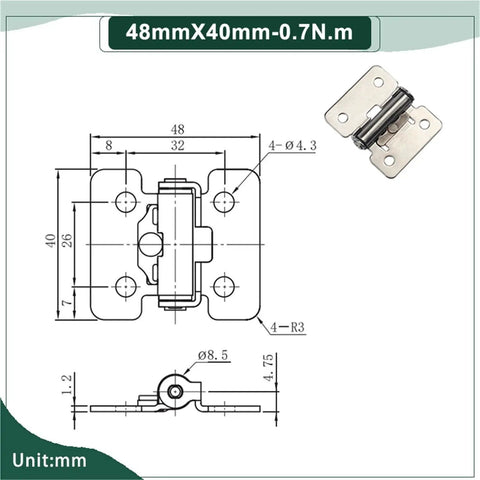Front view schematic of stainless steel positionable door hinge, 48x40 mm, 0.7 N·m torque; 1 piece.